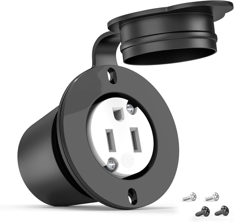 HYDUUU Flanged Outlet NEMA 5-15R - 110V/120V, 15 Amps Single Round Female Plug Receptacle, Weather Resistant, Flush Mount Inlet for RV, Camper, Marine, Truck Bed, Golf Cart, Indoor/Outdoor Use, UL Listed - Image 1